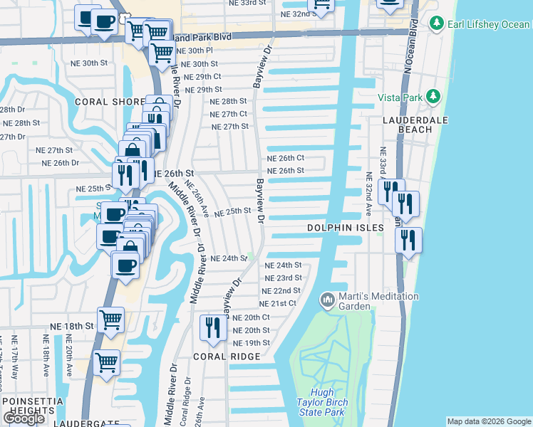 map of restaurants, bars, coffee shops, grocery stores, and more near 2809 Northeast 24th Place in Fort Lauderdale