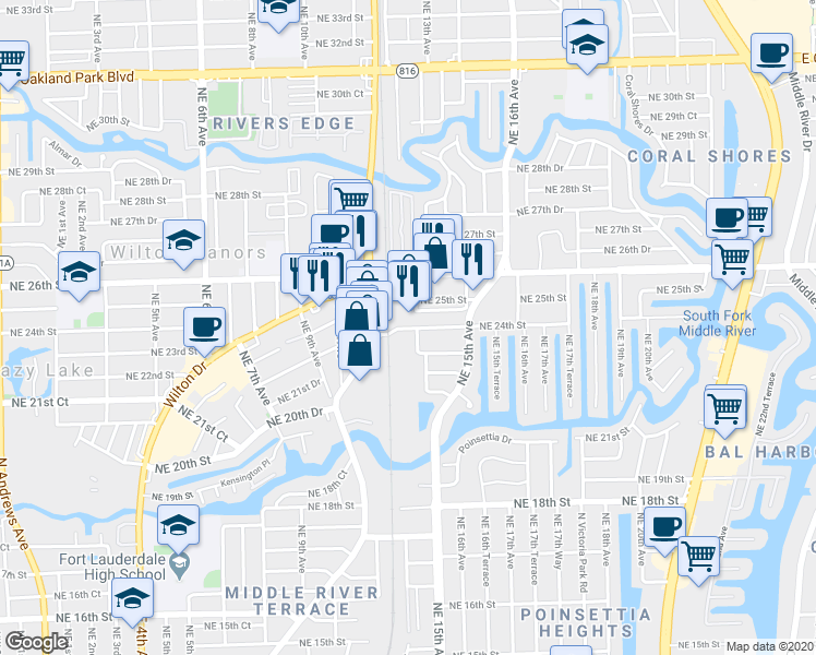 map of restaurants, bars, coffee shops, grocery stores, and more near 2300 Northeast 12th Road in Wilton Manors