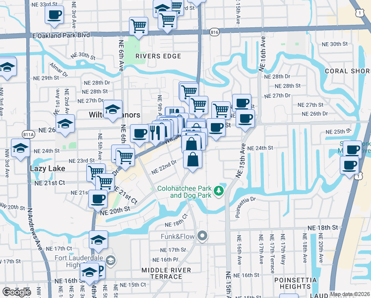 map of restaurants, bars, coffee shops, grocery stores, and more near 2131 Northeast 11th Avenue in Wilton Manors