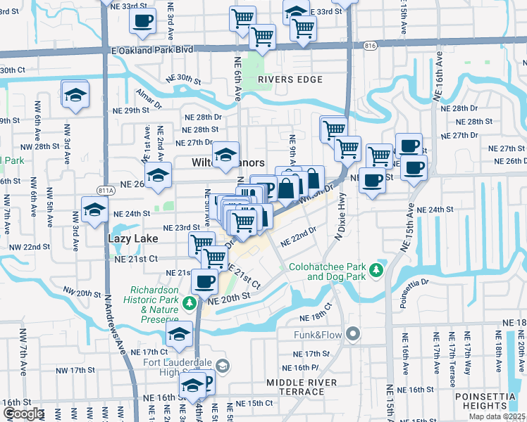 map of restaurants, bars, coffee shops, grocery stores, and more near 2263 Wilton Drive in Wilton Manors