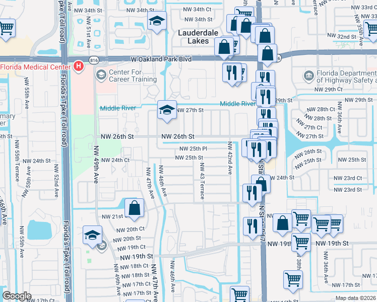 map of restaurants, bars, coffee shops, grocery stores, and more near 4420 Northwest 25th Street in Lauderhill