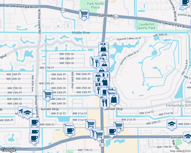 map of restaurants, bars, coffee shops, grocery stores, and more near in Sunrise