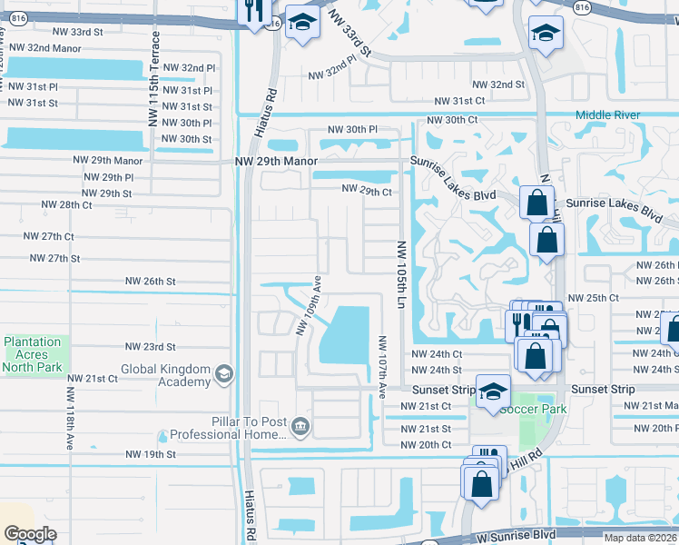 map of restaurants, bars, coffee shops, grocery stores, and more near 10851 Northwest 26th Street in Sunrise