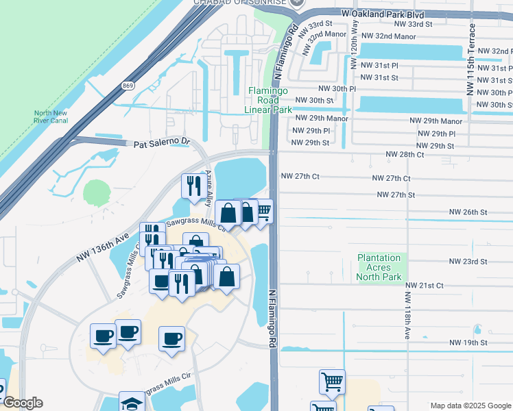map of restaurants, bars, coffee shops, grocery stores, and more near 2681 Pink Flamingo Lane in Sunrise