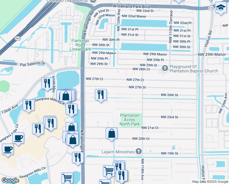 map of restaurants, bars, coffee shops, grocery stores, and more near 12060 Northwest 26th Street in Plantation