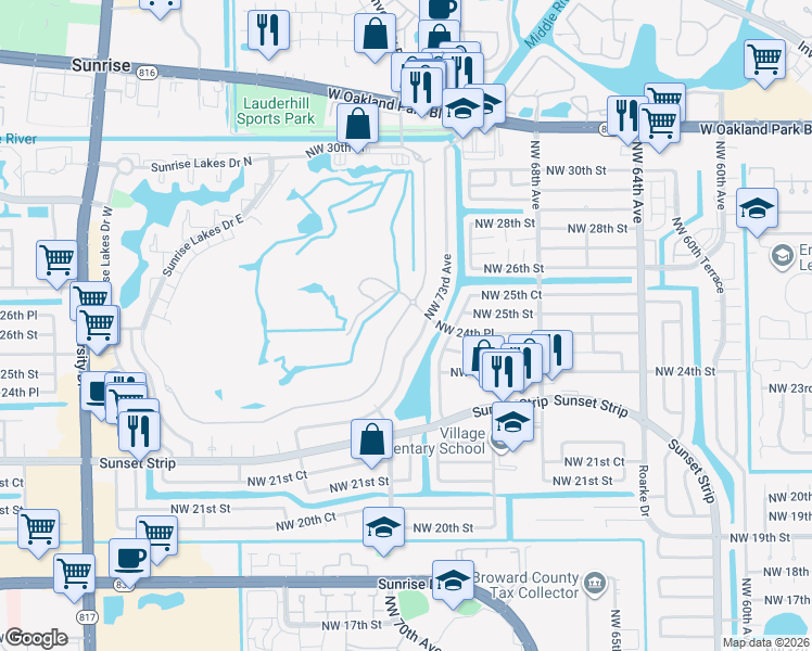 map of restaurants, bars, coffee shops, grocery stores, and more near 2430 Northwest 73rd Avenue in Sunrise