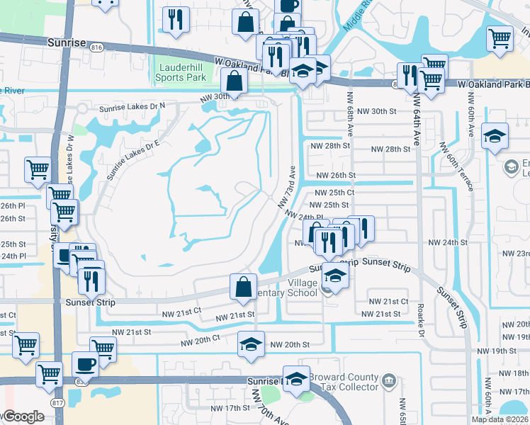 map of restaurants, bars, coffee shops, grocery stores, and more near 2430 Northwest 73rd Avenue in Sunrise