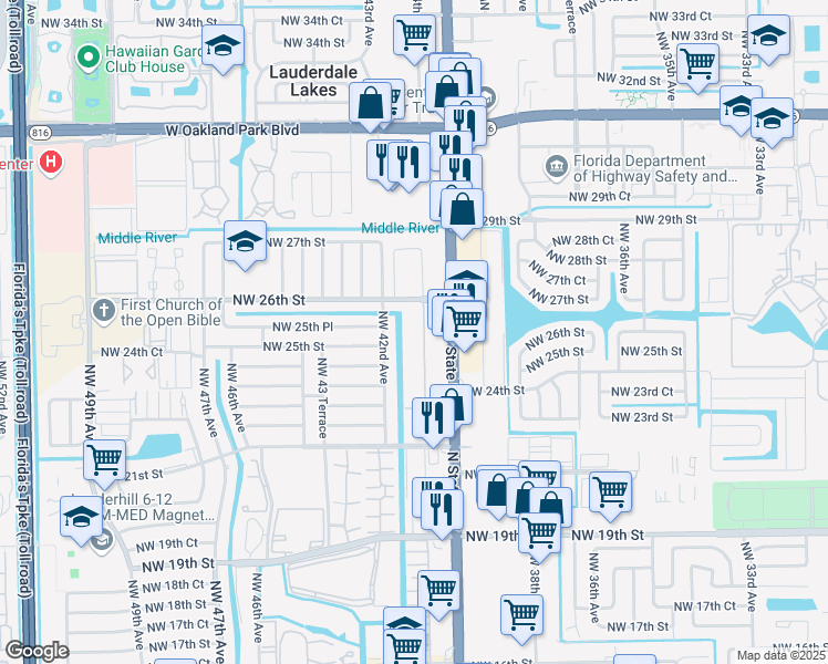 map of restaurants, bars, coffee shops, grocery stores, and more near 2420 Northwest 42nd Avenue in Lauderhill