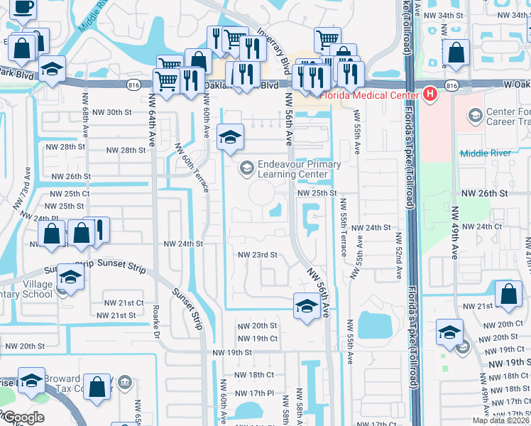 map of restaurants, bars, coffee shops, grocery stores, and more near 5725 Blueberry Court in Lauderhill