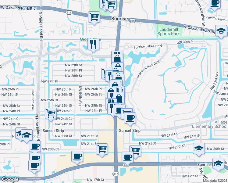 map of restaurants, bars, coffee shops, grocery stores, and more near 2675 Florida 817 in Sunrise