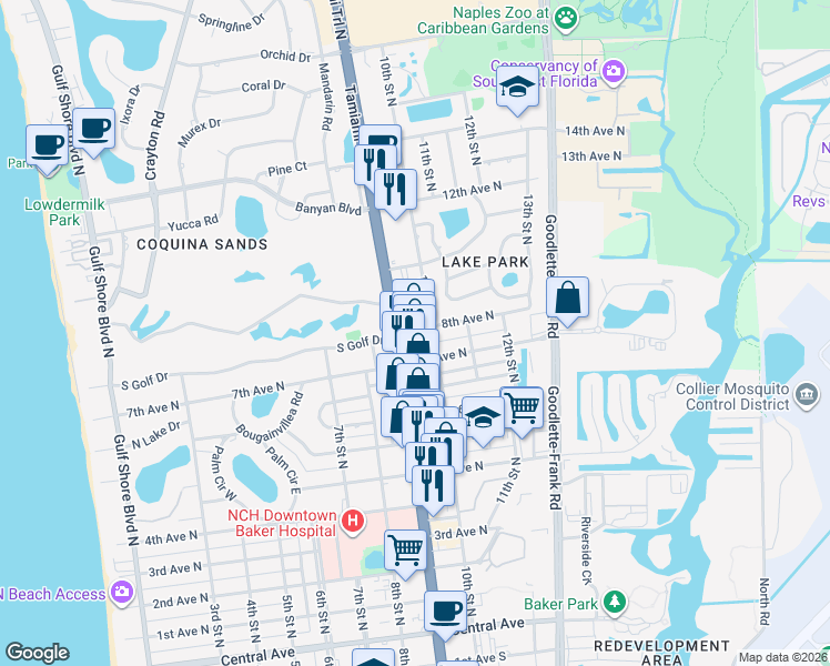 map of restaurants, bars, coffee shops, grocery stores, and more near 800 Tamiami Trail North in Naples