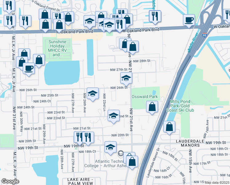map of restaurants, bars, coffee shops, grocery stores, and more near 2222 Northwest 25th Avenue in Fort Lauderdale