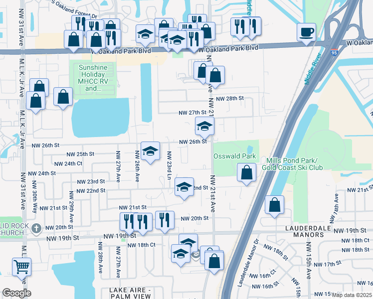 map of restaurants, bars, coffee shops, grocery stores, and more near 2222 Northwest 25th Avenue in Fort Lauderdale