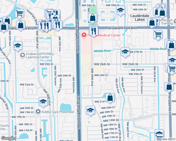 map of restaurants, bars, coffee shops, grocery stores, and more near 2573 Northwest 49th Avenue in Lauderdale Lakes