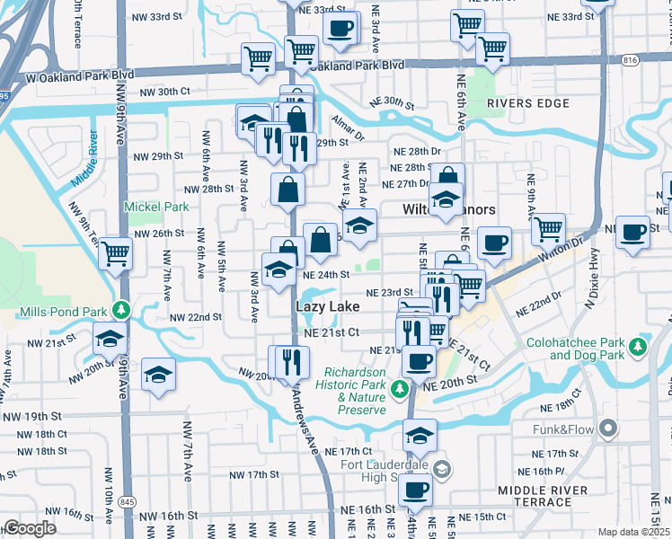 map of restaurants, bars, coffee shops, grocery stores, and more near 43 Northeast 25th Street in Wilton Manors