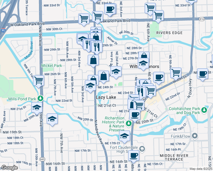 map of restaurants, bars, coffee shops, grocery stores, and more near 43 Northeast 25th Street in Wilton Manors