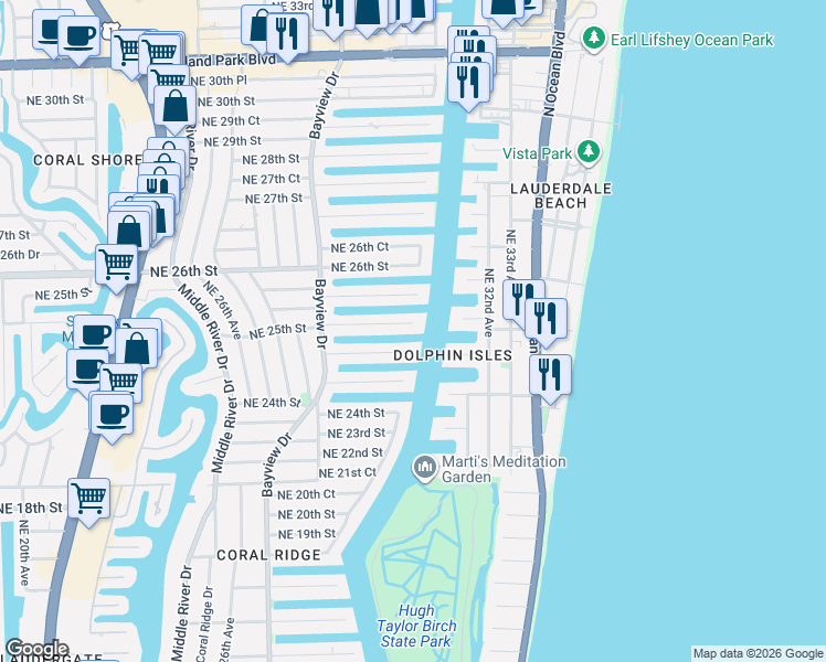 map of restaurants, bars, coffee shops, grocery stores, and more near 2881 Northeast 25th Street in Fort Lauderdale