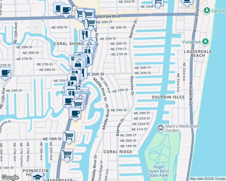 map of restaurants, bars, coffee shops, grocery stores, and more near 2516 Northeast 26th Terrace in Fort Lauderdale