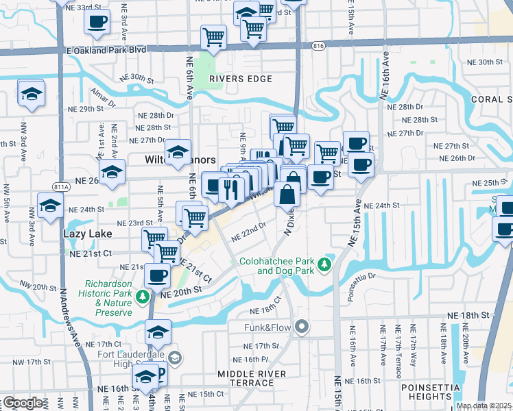 map of restaurants, bars, coffee shops, grocery stores, and more near 2407 Wilton Drive in Fort Lauderdale