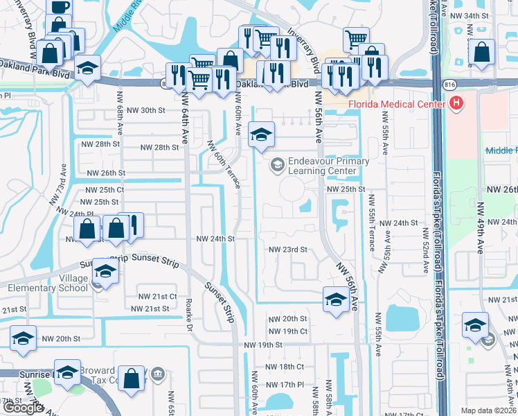 map of restaurants, bars, coffee shops, grocery stores, and more near 2401 Northwest 59th Way in Lauderhill