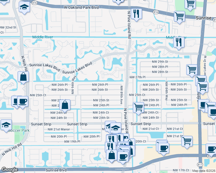 map of restaurants, bars, coffee shops, grocery stores, and more near 9111 Northwest 26th Place in Sunrise