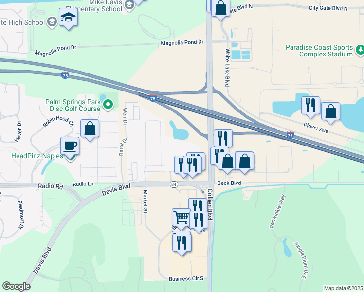 map of restaurants, bars, coffee shops, grocery stores, and more near 155 Bedzel Circle in Naples