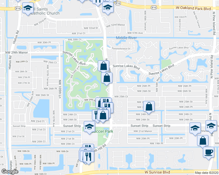 map of restaurants, bars, coffee shops, grocery stores, and more near Nob Hill Access Road in Sunrise