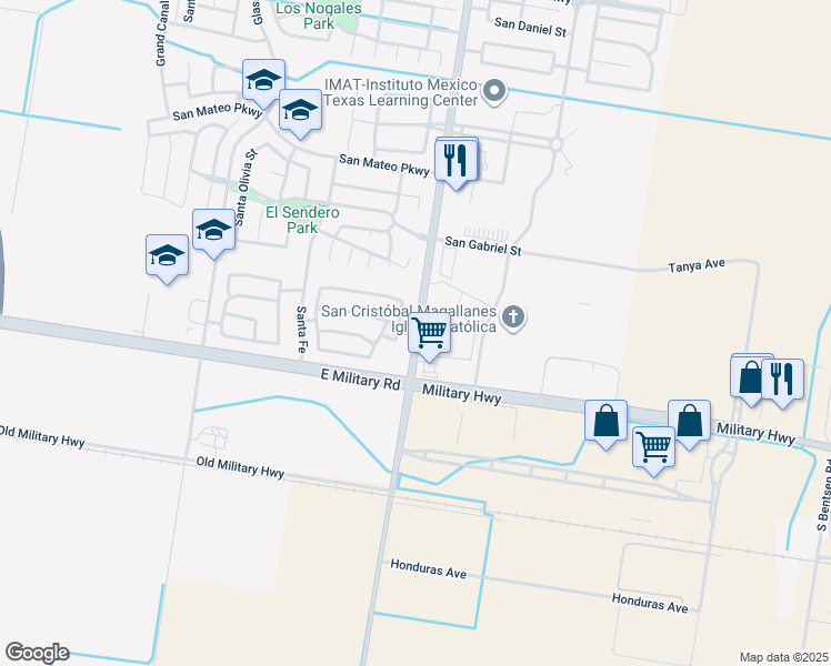 map of restaurants, bars, coffee shops, grocery stores, and more near South Shary Road in McAllen