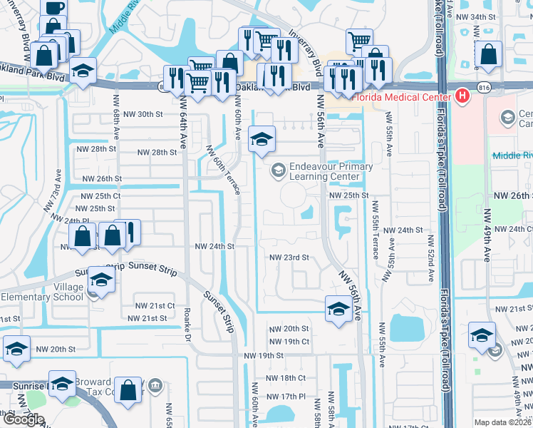map of restaurants, bars, coffee shops, grocery stores, and more near 2401 Northwest 59th Way in Lauderhill
