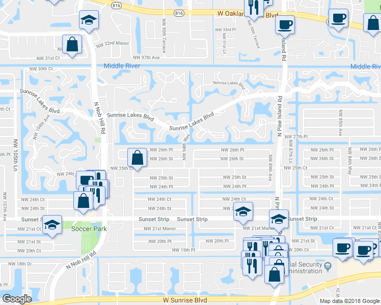 map of restaurants, bars, coffee shops, grocery stores, and more near 2700 Northwest 94th Way in Sunrise