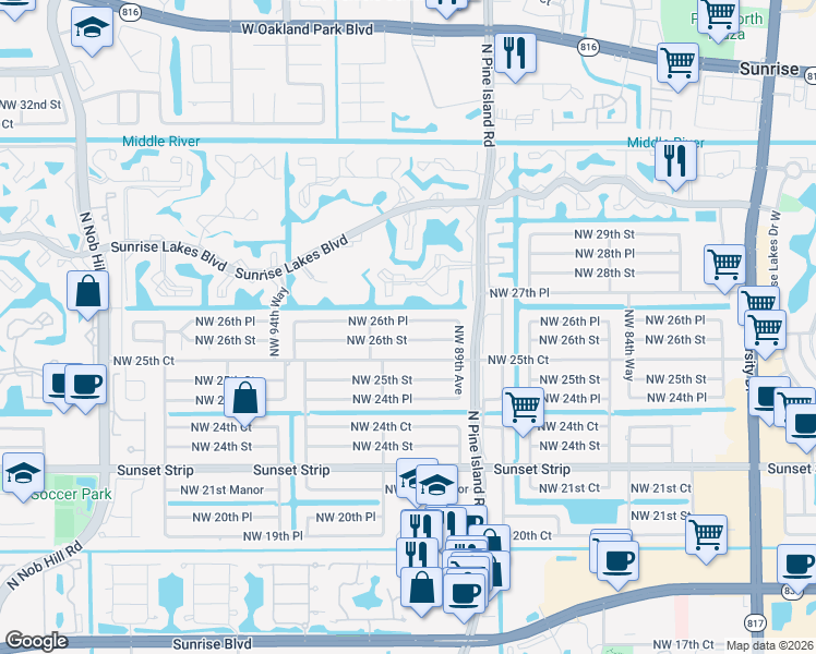 map of restaurants, bars, coffee shops, grocery stores, and more near 9111 Northwest 26th Place in Sunrise