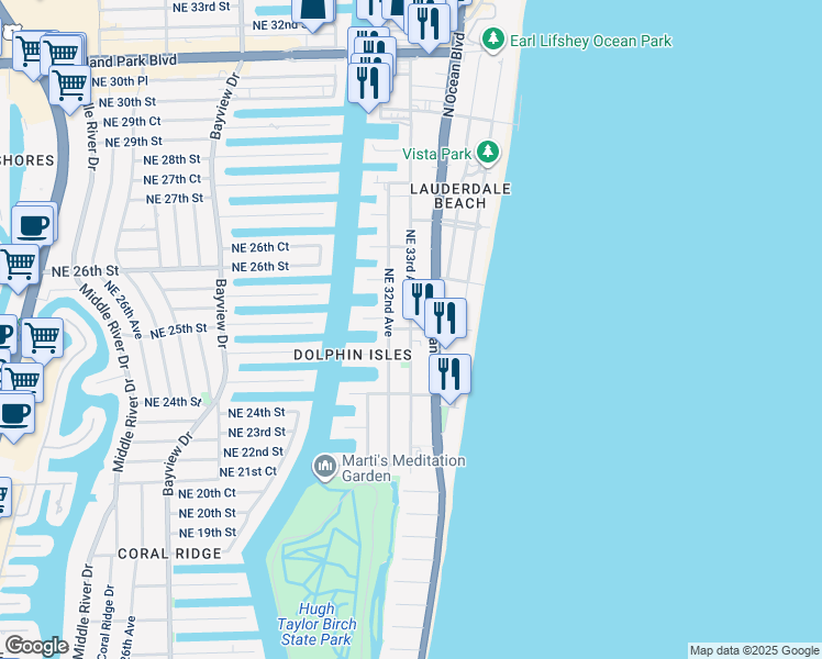 map of restaurants, bars, coffee shops, grocery stores, and more near Northeast 33rd Avenue in Oakland Park