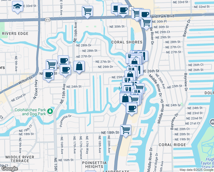map of restaurants, bars, coffee shops, grocery stores, and more near 1908 Northeast 24th Street in Wilton Manors