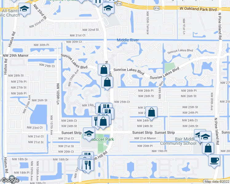 map of restaurants, bars, coffee shops, grocery stores, and more near 201 Nob Hill Access Road in Sunrise