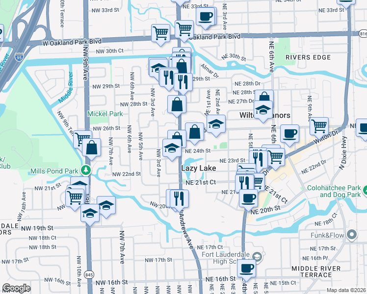 map of restaurants, bars, coffee shops, grocery stores, and more near 2425 North Andrews Avenue in Wilton Manors