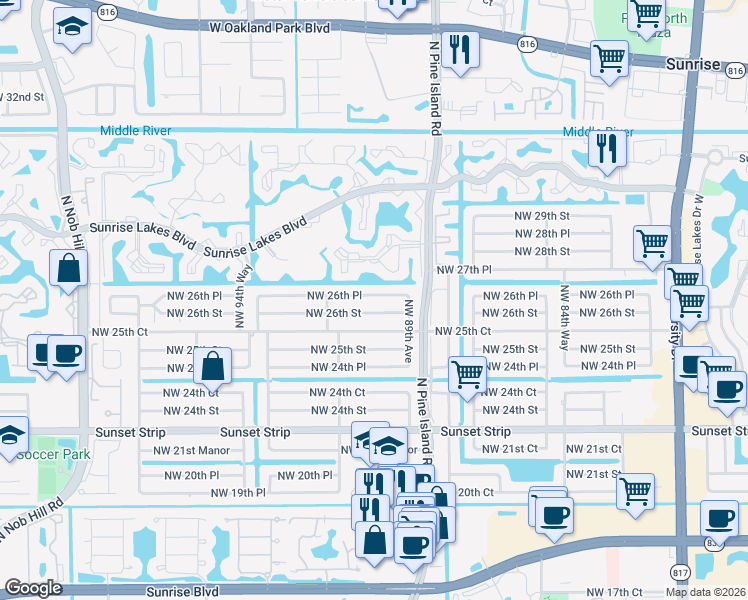map of restaurants, bars, coffee shops, grocery stores, and more near 9111 Northwest 26th Place in Sunrise