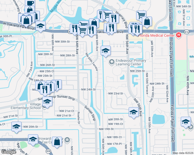 map of restaurants, bars, coffee shops, grocery stores, and more near 5979 Northwest 25th Place in Sunrise