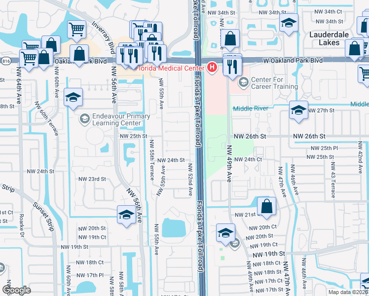 map of restaurants, bars, coffee shops, grocery stores, and more near 5306 Northwest 25th Street in Lauderhill