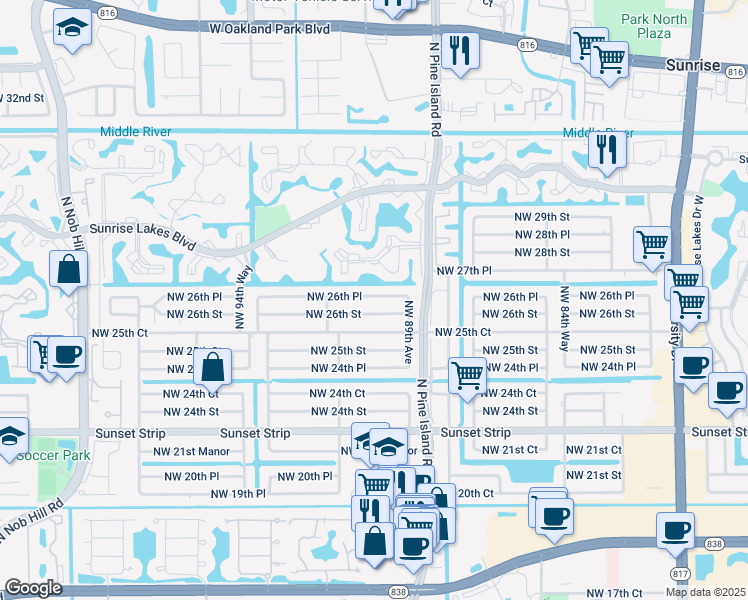 map of restaurants, bars, coffee shops, grocery stores, and more near 9111 Northwest 26th Place in Sunrise