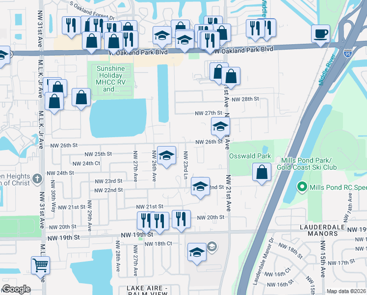 map of restaurants, bars, coffee shops, grocery stores, and more near 2403 Northwest 26th Street in Fort Lauderdale