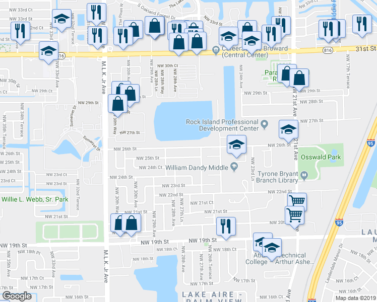 map of restaurants, bars, coffee shops, grocery stores, and more near 2741 Northwest 26th Street in Fort Lauderdale
