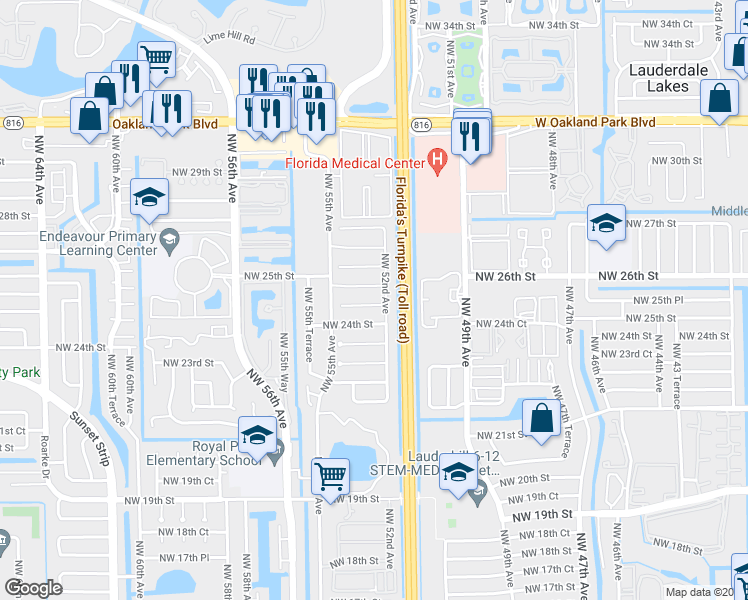 map of restaurants, bars, coffee shops, grocery stores, and more near 5306 Northwest 25th Street in Lauderhill