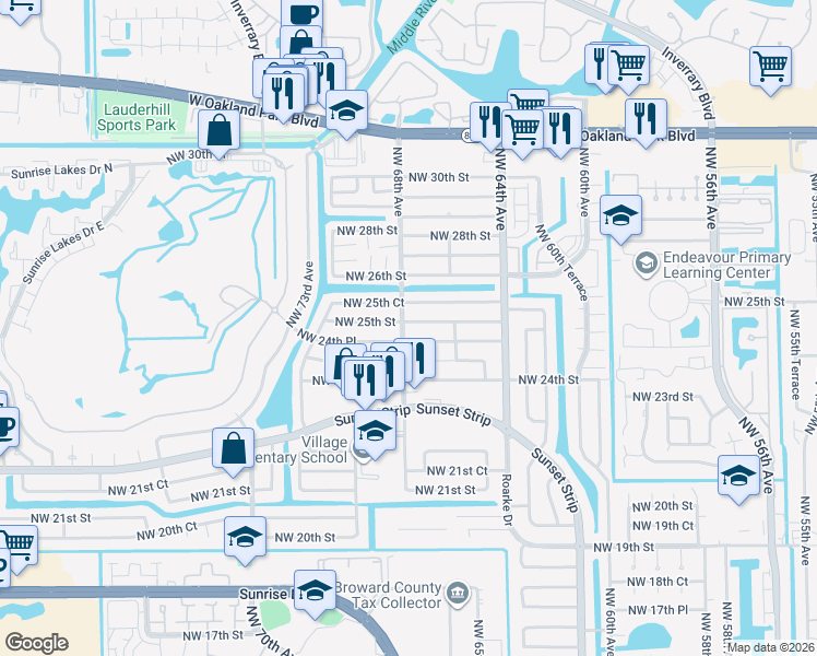 map of restaurants, bars, coffee shops, grocery stores, and more near 6800 Northwest 25th Court in Sunrise