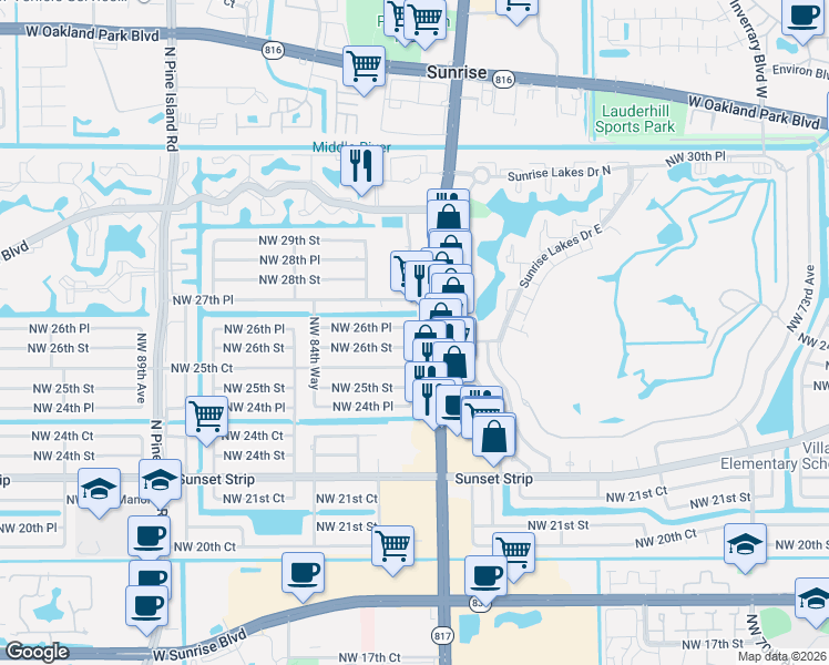 map of restaurants, bars, coffee shops, grocery stores, and more near 2675 North University Drive in Sunrise