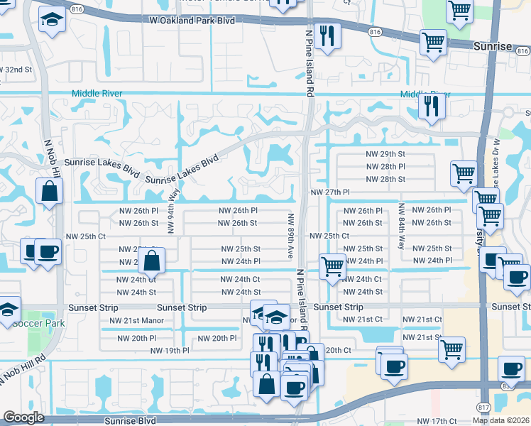 map of restaurants, bars, coffee shops, grocery stores, and more near 9111 Northwest 26th Place in Sunrise