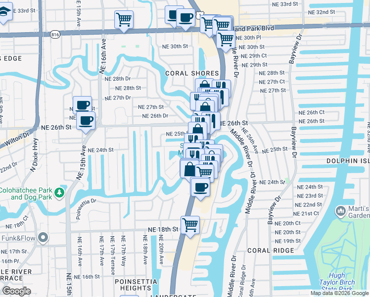 map of restaurants, bars, coffee shops, grocery stores, and more near 2140 Northeast 24th Street in Wilton Manors