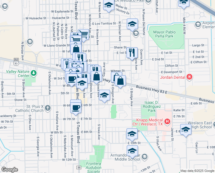 map of restaurants, bars, coffee shops, grocery stores, and more near 425 East Business 83 in Weslaco