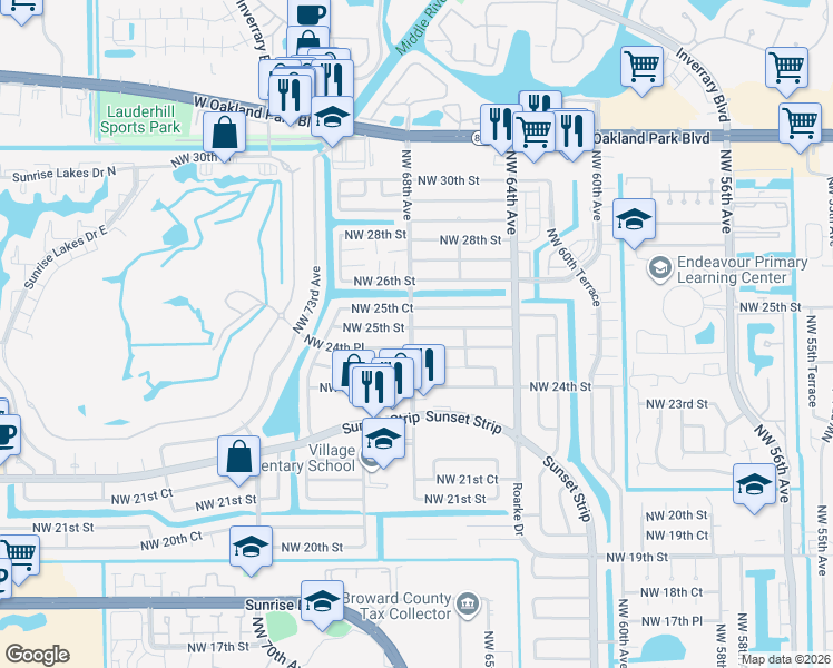 map of restaurants, bars, coffee shops, grocery stores, and more near 6800 Northwest 25th Court in Sunrise