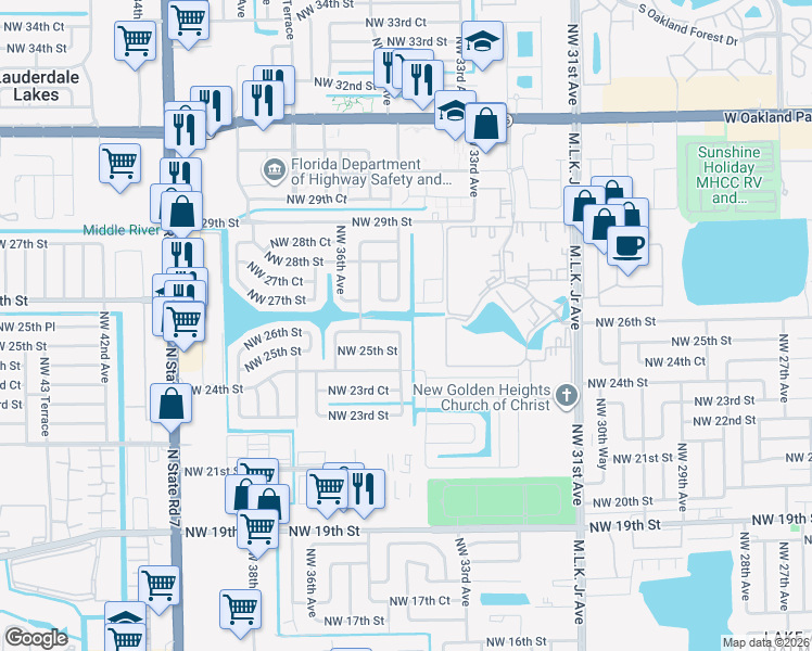 map of restaurants, bars, coffee shops, grocery stores, and more near 3480 Northwest 27th Street in Lauderdale Lakes