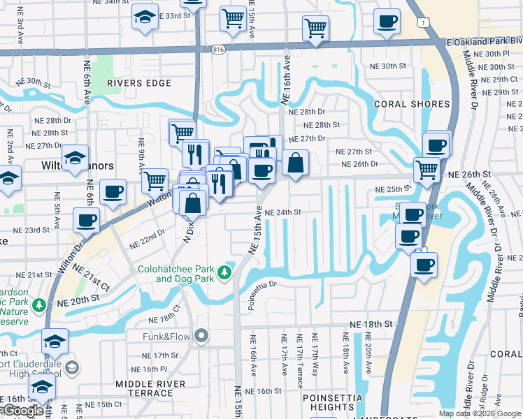 map of restaurants, bars, coffee shops, grocery stores, and more near 2500 Northeast 15th Avenue in Wilton Manors